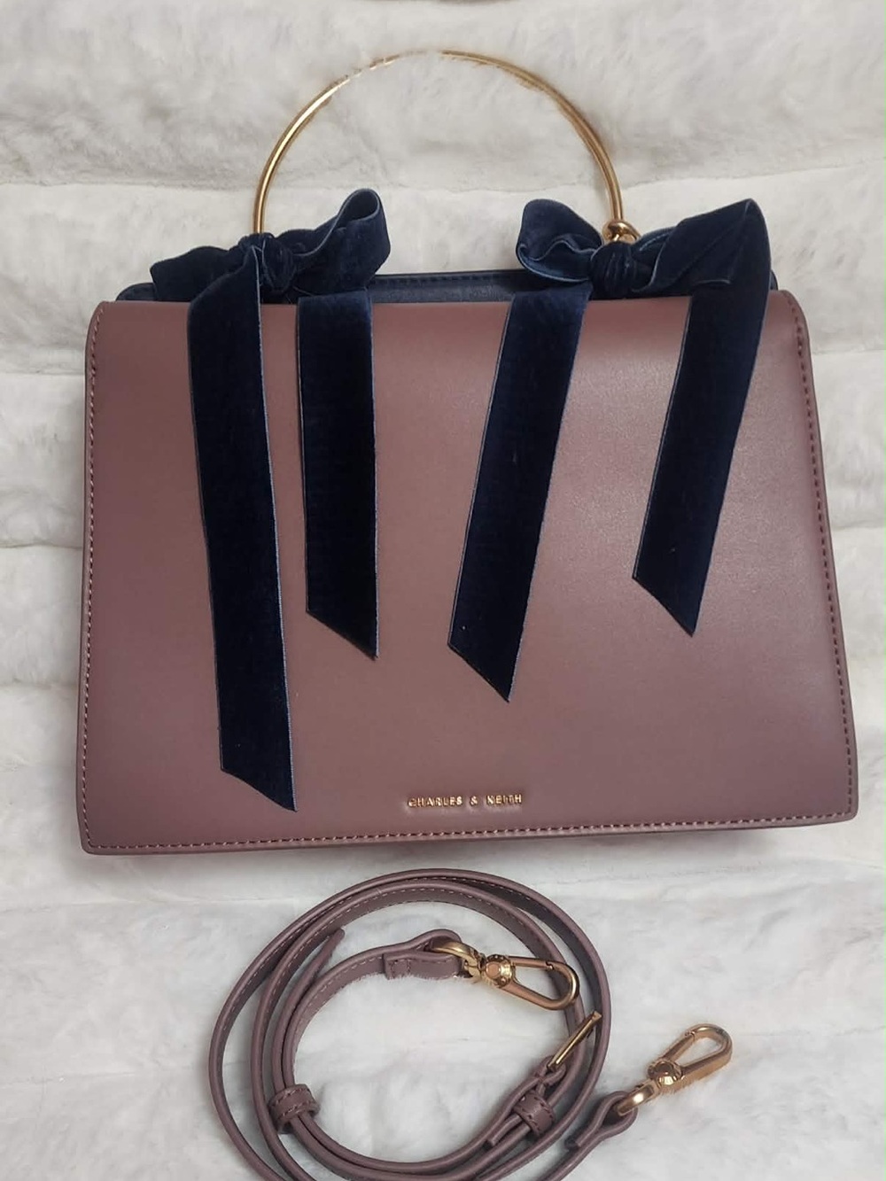 Charles & Keith Mauve Satchel with Navy Velvet Bows